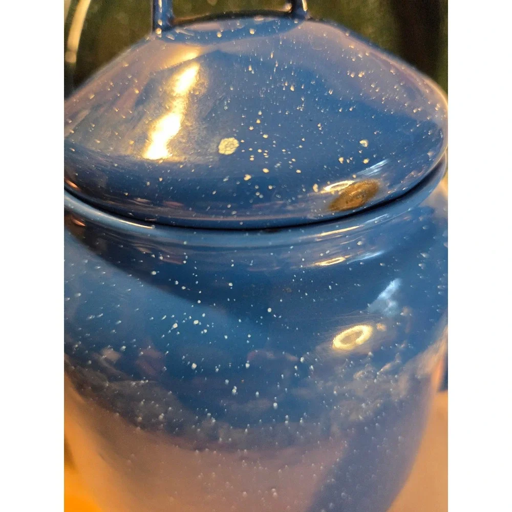 Vintage Jacaman Gift‎ Co Blue Speckled Enamel Teapot and Green Enamel Frying Pan